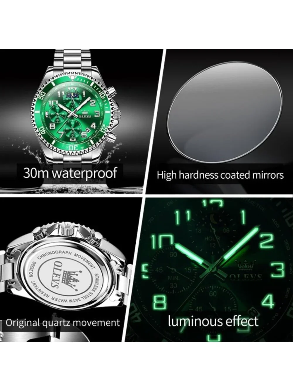 Luxury Men's Chronograph Watch - Stainless Steel, Waterproof, Luminous, Large
